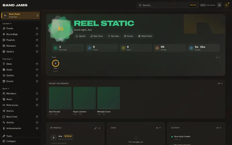 A band's dashboard — recordings, activity, and chat in one workspace