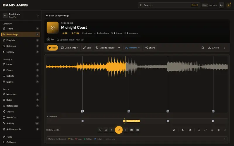 The recording player with a waveform and transport controls