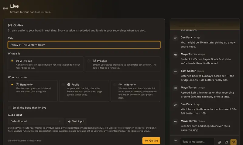 The Go Live screen, where you choose who can listen, with the band chat beside it