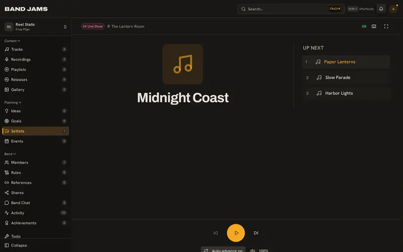 Live setlist stage mode showing the current song in big type with the up-next list