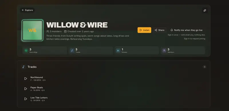 A band's public page as a visitor sees it, with Listen, Share and its published songs