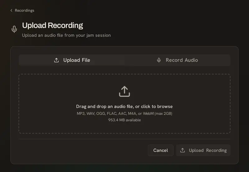 The upload screen, with a tab for recording in the browser and a tab for uploading a file