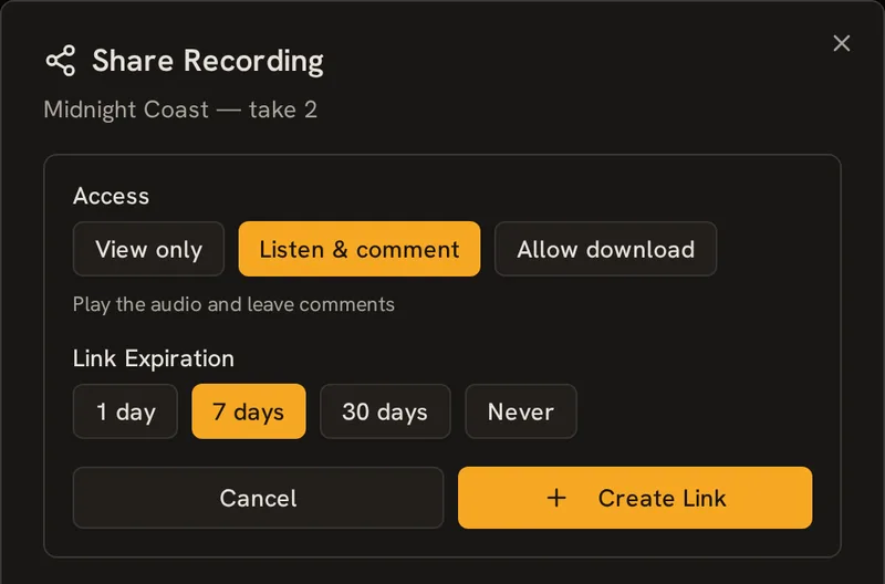 The share dialog for one recording, with who can listen or download and when the link expires