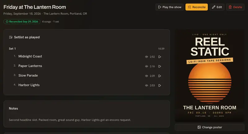 A show page with the setlist as it was played, a recording for each song, and the gig poster
