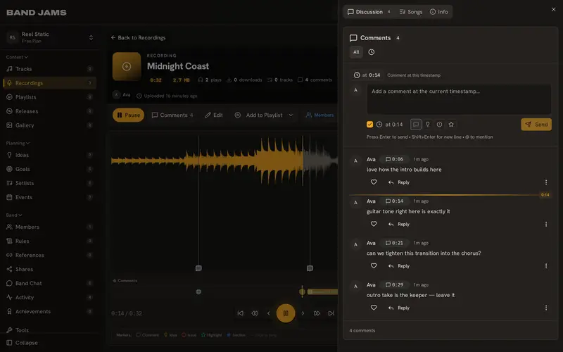 A recording's waveform in the player with timestamped feedback comments pinned along it